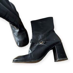 Rare Vintage Y2K/90s, Italian Made Black Leather Heeled Booties, Size 38EU